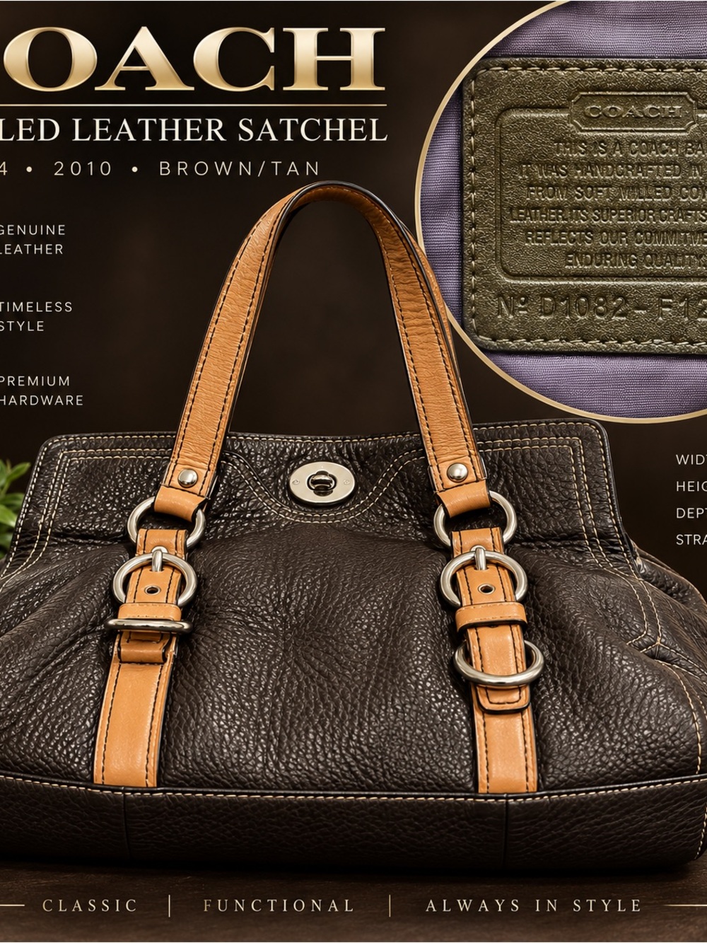Coach F12334 Brown Pebbled Leather Satchel Shoulder Bag 2010 Turnlock